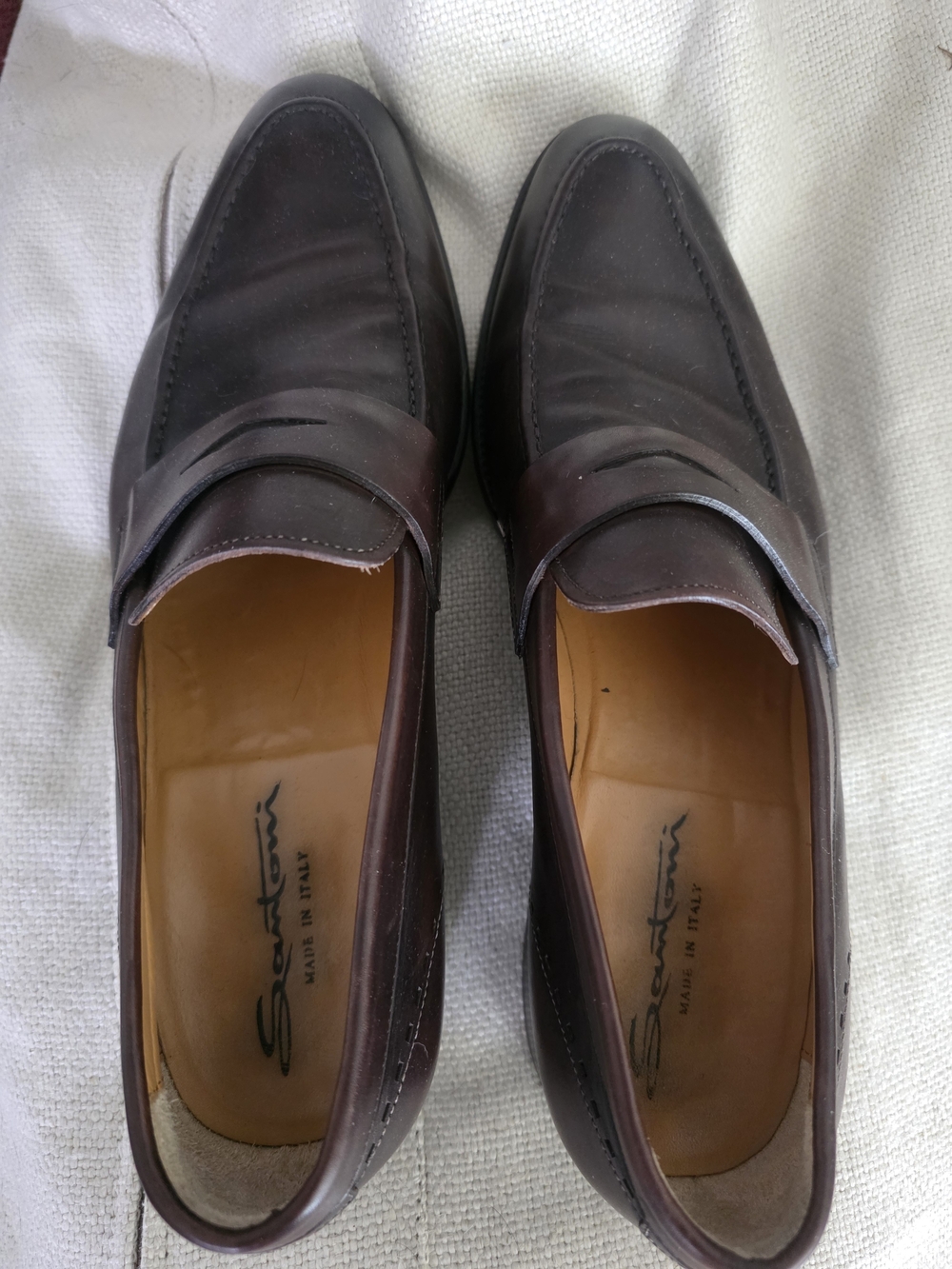 Santoni Men's Dark Brown Leather Penny Loafers